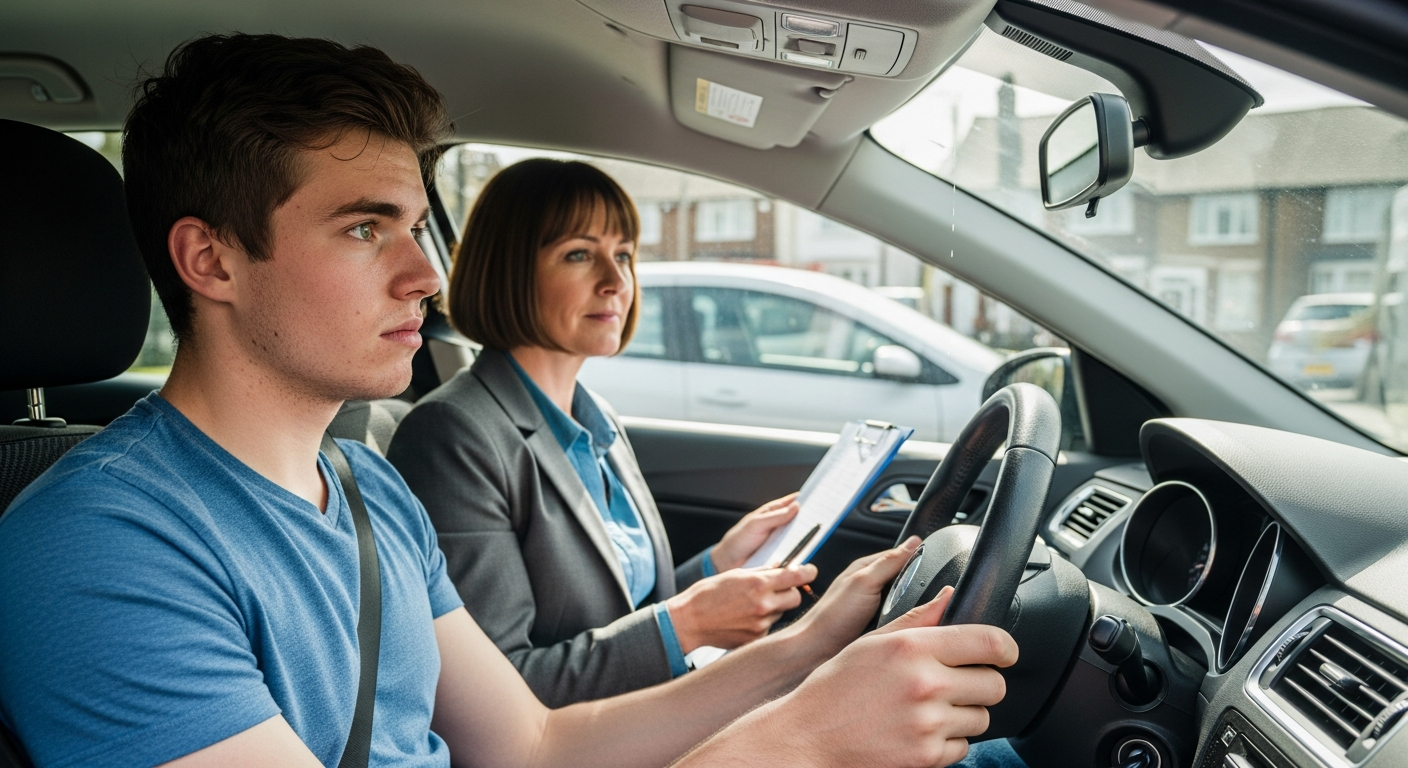 Learner driver with instructor in car